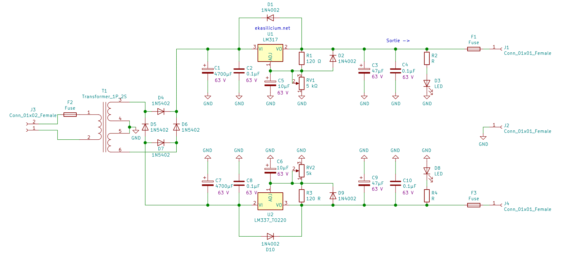 Schéma de montage LM317 et LM337 symétrique et fiable fourni par ekasilicium.net